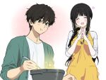  1boy 1girl :d alternate_costume apron artist_logo black_hair blush chitanda_eru cooking happy heart holding hyouka jacket long_hair mery_(yangmalgage) open_clothes open_jacket oreki_houtarou pale_skin shirt short_hair smile white_shirt yellow_apron 