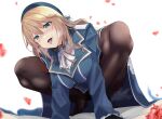  1girl atago_(kancolle) bangs beret black_legwear blonde_hair blue_headwear blurry blush breasts commission depth_of_field endou_(zettai_bluenoid) eyebrows_visible_through_hair flower gloves hair_between_eyes hat heavy_breathing kantai_collection large_breasts long_hair looking_at_viewer military military_uniform open_mouth pantyhose petals saliva skeb_commission solo squatting steaming_body tongue tongue_out uniform 