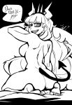  @_@ absurdres ass back black_tail breasts demon_horns diadem english_text greyscale half-closed_eyes helltaker highres horns legs long_hair looking_back lucifer_(helltaker) monochrome nude seiza sitting smile tail thieviusa toes 