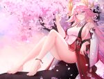  1girl absurdres animal_ears anklet bare_legs bare_shoulders barefoot branch breasts cherry_blossoms detached_sleeves earrings english_commentary falling_petals feet floppy_ears fox_ears fox_girl genshin_impact hair_between_eyes hand_up highres in_tree japanese_clothes jewelry legs long_hair looking_at_viewer medium_breasts no_bra nontraditional_miko parted_lips petals pink_hair pink_nails purple_eyes sideboob sitting sitting_in_tree smile solo thaigermane toes tomoe_(symbol) tree vision_(genshin_impact) wide_sleeves yae_miko 