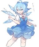  1girl ar_(maeus) blue_bow blue_dress blue_eyes blue_hair blush bow cirno collared_shirt detached_wings dress hair_bow ice ice_wings open_mouth red_ribbon ribbon shirt short_hair short_sleeves solo touhou white_background white_shirt wings 