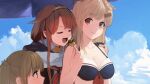  3girls ahoge bad_id bad_twitter_id bangs beach_umbrella bikini black_bikini blonde_hair breasts chagen_kokimu cleavage closed_eyes cloud day food hair_flaps hair_ornament hairband hairclip kantai_collection kawakaze_(kancolle) large_breasts light_brown_hair multiple_girls murasame_(kancolle) open_mouth outdoors pointy_ears red_eyes red_hair remodel_(kantai_collection) sailor_bikini sailor_collar scarf sky swimsuit takoyaki twintails umbrella white_scarf yuudachi_(kancolle) 