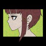  1girl asymmetrical_hair binary black_border border brown_eyes brown_hair closed_mouth commentary cryptidhermit english_commentary eyelashes from_side green_background hair_ornament half-closed_eyes highres iwakura_lain looking_ahead profile serial_experiments_lain short_hair solo upper_body x_hair_ornament 