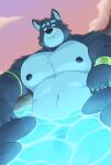  1boy adastra amicus animal_ears armband bangle bara belly blue_eyes bracelet claws cloud cloudy_sky convenient_censoring dogoronumber3 echo_project fang fang_out fat furry furry_male highres jewelry male_focus navel nipples orange_sky sky smile water wolf_boy wolf_ears 