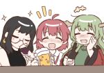  +++ 3girls ahoge alcohol babel_(utau) beer beer_mug black_hair black_sweater blush bottle cai_(cabbage_0j0) closed_eyes crescent crescent_earrings cup daijoyuu-san_(synthesizer_v) dragon_horns drinking drunk earrings facing_viewer fangs freckles furrowed_brow glasses green_hair green_sweater hand_on_own_cheek hand_on_own_face hand_up highres holding holding_bottle horns jewelry laughing long_sleeves medium_hair mug multiple_girls notice_lines raised_eyebrows red_hair round_eyewear shirt simple_background sleeveless sleeveless_sweater smile songover sparkle sweater synthesizer_v turtleneck turtleneck_sweater upper_body utau voisona white_background white_shirt yumemiru_uroko_(voisona) 