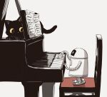  absurdres avogado6 black_cat cat chair commentary from_side highres instrument music no_humans on_chair original piano playing_instrument robot sheet_music simple_background standing white_background 