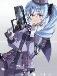  1girl blue_hair capelet claire_rieveldt double-parted_bangs eiyuu_densetsu gloves grey_background gun hair_between_eyes handgun hat holding holding_gun holding_weapon jacket natsusechoco pouch red_eyes sen_no_kiseki side_ponytail simple_background solo uniform weapon white_gloves 