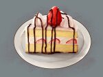  cake cake_slice chocolate_syrup food food_focus fruit highres kaneko_ryou no_humans original plate simple_background still_life strawberry strawberry_shortcake 