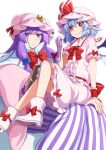  2girls blue_hair book bow dress eichi_yuu fang hair_bow hat highres holding_another&#039;s_hair mob_cap multiple_girls patchouli_knowledge pink_shirt pink_skirt purple_eyes purple_hair red_eyes remilia_scarlet shirt simple_background sitting sitting_on_lap sitting_on_person skirt smile striped_clothes striped_dress touhou vertical-striped_clothes vertical-striped_dress white_background 