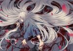  1boy absurdres blood blood_on_clothes blood_on_face blood_on_ground blood_on_hands blood_on_leg blue_kimono blurry depth_of_field falling_petals from_above gegege_no_kitarou geta grey_hair hair_over_one_eye hands_on_ground highres ipponmatsu japanese_clothes kimono kitarou_tanjou:_gegege_no_nazo long_hair long_sleeves looking_at_viewer male_focus medama_oyaji medama_oyaji_(human) motion_blur on_one_knee one_eye_covered petals very_long_hair 