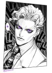  1boy close-up closed_mouth collared_jacket collared_shirt diamond_wa_kudakenai emphasis_lines halftone highres jacket jojo_no_kimyou_na_bouken kidlu_jiu kira_yoshikage lips looking_at_viewer male_focus necktie purple_eyes shirt short_hair skull_print solo sound_effects spot_color star_(symbol) striped_clothes striped_shirt twitter_username upper_body 