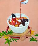  1girl absurdres acrylic_paint_(medium) anmitsu_(dessert) black_hair food hair_bun highres in_food leaf minigirl original pink_background plate qurage solo spoon traditional_media wide_shot 