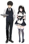 1boy 1girl alternate_costume apron black_dress black_footwear black_necktie black_pants black_shirt black_vest breasts buttons chitanda_eru closed_mouth collared_shirt dot_nose dress enmaided full_body green_eyes hair_ornament hairpin hand_in_pocket highres holding holding_tray hyouka large_breasts long_hair looking_at_viewer maid maid_apron maid_headdress mery_(yangmalgage) necktie oreki_houtarou own_hands_together pants purple_eyes scrunchie shirt shoes simple_background skindentation smile standing thighhighs tray vest waiter white_apron white_background white_shirt white_thighhighs wrist_scrunchie 