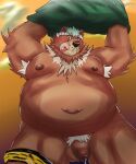 2024 absurd_res anthro armpit_hair balls bear belly big_belly blush bodily_fluids body_hair brown_body brown_fur clothing fur genital_fluids genitals goro_(live_a_hero) hi_res kemono lifewonders live_a_hero male mammal moobs navel nipples overweight overweight_male penis precum pubes solo tongue tongue_out undressing yom_mido_plus