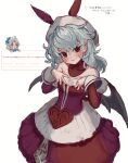  2girls alternate_costume b_nosk101 bare_shoulders bat_wings closed_mouth commentary_request cowboy_shot dress grey_hair hands_up head_tilt highres izayoi_sakuya long_hair long_sleeves looking_at_viewer multiple_girls pointy_ears red_dress red_eyes remilia_scarlet slit_pupils smile solo_focus strapless strapless_dress touhou translation_request white_headwear wings 