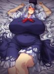  1girl absurdres blue_dress blue_hair blue_headwear blush breasts commentary dress english_commentary frilled_dress frills grey_hair highres huge_breasts kamishirasawa_keine lying multicolored_hair neckerchief on_back on_bed red_eyes red_neckerchief short_sleeves solo touhou two-tone_hair ultragruntyy variant_set 
