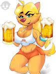 2024 4_fingers absurd_res accessory alcohol anthro beer beer_mug beverage big_breasts blonde_hair blue_eyes bodily_fluids bottomwear bracelet breasts bulging_breasts canid canine canis clothing crop_top dingo dipstick_tail dolphin_shorts eyebrow_through_hair eyebrows eyelashes female fingers fur hair hair_accessory hair_tie hi_res holding_mug holding_object jewelry long_hair mammal markings mug open_mouth open_smile shazza_the_dingo shirt shorts smile solo sweat tail tail_markings therealottendo topwear translucent translucent_hair ty_the_tasmanian_tiger_(series) yellow_body yellow_fur