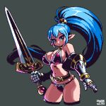  1girl bikini blue_eyes blue_hair breasts gauntlets high_ponytail holding holding_sword holding_weapon large_breasts long_hair mabius original pink_bikini pixel_art pointy_ears simple_background solo swimsuit sword thighhighs very_long_hair weapon 