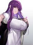  1girl absurdres black_robe breasts dress fern_(sousou_no_frieren) highres izulizuru large_breasts long_hair looking_at_viewer purple_eyes purple_hair robe sidelocks signature simple_background solo sousou_no_frieren taut_clothes taut_dress undressing very_long_hair white_background white_dress 