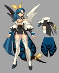  1girl alternate_costume alternate_hairstyle angel_wings asymmetrical_wings bare_shoulders belt blue_hair bow braid breasts cleavage cross crown_braid detached_sleeves dizzy_(guilty_gear) grey_background guilty_gear hair_bow high_heels highres large_breasts long_hair noon red_eyes redesign side_ponytail solo tail tail_bow tail_ornament thigh_strap thighhighs white_legwear wings yellow_bow 
