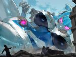  askr_(men_tai_ko) blue_hair bodysuit breasts building car covered_nipples destruction dirty dust fallen_down giant giantess hand_up highres large_breasts long_hair lying mini_person motor_vehicle navel original pink_eyes rubble tokusatsu 