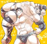 2boys abs alternate_costume bara blush bulge carrying facial_hair fireman&#039;s_carry forked_eyebrows goatee_stubble grin highres kontahsm large_pectorals male_focus medium_sideburns multiple_boys muscular muscular_male navel nipples pectorals protagonist_3_(housamo) short_hair sideburns_stubble smile sparse_chest_hair strongman_waist stubble takabushi_kengo thick_eyebrows thick_thighs thighs tokyo_afterschool_summoners topless_male translation_request unfinished wrestling yaoi 