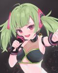  1girl :d ahoge armpits bare_shoulders black_choker black_shirt bracelet breasts choker cleavage_cutout clothing_cutout crop_top delutaya fangs green_hair hair_ornament highres holding indie_virtual_youtuber jewelry long_hair looking_at_viewer microphone midriff open_mouth red_eyes shin_murasame shirt sleeveless sleeveless_shirt small_breasts smile solo twintails upper_body v-shaped_eyebrows virtual_youtuber 