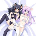  2girls animal_ears bell black_hair blush breasts cat_ears cat_lingerie cat_tail collar dog_ears dog_tail highres lingerie meme_attire multiple_girls neck_bell nepgear neptune_(series) open_mouth purple_eyes purple_hair red_eyes small_breasts smile tail thighhighs underwear uni_(neptune_series) waruga 