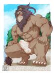 abs absurd_res anthro asian_clothing blush brown_body brown_fur clothed clothing connersublow crouching east_asian_clothing erection erection_under_clothing felid fundoshi fur hi_res japanese_clothing lifewonders lion live_a_hero male mammal mane muscular muscular_anthro nipples pantherine pecs solo toshu underwear