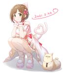  1girl animal_ears bare_shoulders blush bow braid breasts brown_hair cat cat_ears cat_tail closed_mouth dated detached_sleeves dot_nose dress_bow fake_animal_ears fake_tail frilled_skirt frills full_body green_eyes green_skirt hair_bow hair_ribbon hands_on_own_face high_heels highres idolmaster idolmaster_cinderella_girls idolmaster_cinderella_girls_starlight_stage large_breasts looking_at_viewer maekawa_miku miniskirt pink_footwear pink_overskirt pink_ribbon pink_shirt pink_sleeves pom_pom_(clothes) red_bow red_ribbon ribbon shadow shirt short_hair simple_background skirt sleeveless sleeveless_shirt smile solo squatting strappy_heels tail white_background white_bow white_wristband youdie 