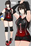  1girl absurdres arm_over_head arm_warmers armpits arms_up ball bandaged_fingers bandages black_arm_warmers black_eyes black_hair breasts collarbone cowboy_shot fuku_(fuku12290574) full_body grey_background height highres holding holding_ball jersey knee_pads large_breasts legs long_hair looking_at_viewer multiple_views number_print original parted_lips ponytail red_footwear shirt shoes short_shorts shorts sidelocks simple_background sleeveless sleeveless_shirt smile sneakers sportswear standing thighs volleyball volleyball_uniform 