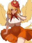  1girl absurdres animal animal_on_head bird bird_on_head bird_tail bird_wings blonde_hair breasts brown_dress chick chicken covered_navel cowboy_shot dress feathered_wings hair_between_eyes hand_up highres large_breasts looking_at_viewer medium_hair moriforest1040 multicolored_hair neckerchief niwatari_kutaka on_head orange_dress pinching red_eyes red_hair red_neckerchief simple_background smile solo tail thick_thighs thighs touhou two-tone_hair white_background wings yellow_wings 
