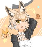  1girl absurdres animal_ears blonde_hair camisole coyopotato coyote_(kemono_friends) extra_ears highres jacket kemono_friends kemono_friends_v_project looking_at_viewer microphone one_eye_closed orange_ardy1203 orange_background short_hair simple_background tongue upper_body virtual_youtuber wolf_ears wolf_girl yellow_eyes 