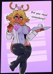 anthro antlers big_breasts blonde_hair breasts clothed clothing cryptiacurves deer deltarune female hair hi_res horn legwear mammal mug noelle_holiday nurse_clothing solo thigh_highs tight_clothing tray undertale_(series)