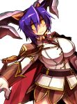  1girl bangs black_skirt breasts cape commentary_request cowboy_shot dutch_angle emon-yu eyebrows_visible_through_hair eyes_visible_through_hair genetic_(ragnarok_online) gloves grin hair_between_eyes horns jacket large_breasts looking_at_viewer necktie official_alternate_costume purple_hair ragnarok_online red_cape red_shirt shaded_face shirt short_hair simple_background skirt smile solo white_background white_gloves white_jacket yellow_eyes 