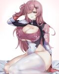  1girl ayla_(punishing:_gray_raven) black_bodysuit bodysuit bori_(pixiv_95888990) breasts cleavage_cutout clothing_cutout covered_navel hair_ornament hair_over_one_eye hairclip highleg large_breasts long_hair mechanical_arms multicolored_bodysuit multicolored_clothes official_alternate_costume one_side_up pink_bodysuit pink_eyes pink_hair punishing:_gray_raven single_thighhigh solo thighhighs underboob_cutout white_bodysuit white_thighhighs 