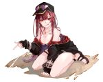  1girl :q bikini black_headwear black_jacket breasts cleavage erhuo full_body hat heterochromia hololive houshou_marine jacket jewelry long_hair looking_at_viewer necklace red_bikini red_eyes red_hair simple_background sitting solo swimsuit tongue tongue_out virtual_youtuber wariza white_background yellow_eyes 