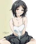  1girl black_hair black_jacket breasts camisole cleavage collarbone feet_out_of_frame gakky green_eyes grin highres indian_style jacket kantai_collection kuroshio_(kancolle) looking_at_viewer medium_breasts one-hour_drawing_challenge short_hair sitting smile solo white_camisole 
