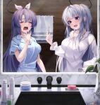  2girls absurdres blue_archive blue_pajamas blush breasts closed_eyes grey_hair halo hidel highres holding holding_toothbrush large_breasts long_hair long_sleeves mechanical_halo mirror multiple_girls noa_(blue_archive) official_alternate_costume open_mouth pajamas purple_eyes purple_hair smile soap toothbrush towel white_pajamas yuuka_(blue_archive) 