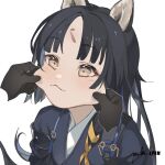  1girl :3 animal_ears arknights artist_name black_hair black_kimono cheek_pinching commentary dog_ears dog_girl facial_mark forehead_mark japanese_clothes kimono long_hair pinching saga_(arknights) signature simple_background solo_focus upper_body white_background yellow_eyes yuuki_uyu 