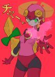  1girl absurdres black_bodysuit blonde_hair bodysuit breasts buzzlyears glowing glowing_eyes green_eyes heart helmet highres long_hair looking_at_viewer mega_man_(series) mega_man_battle_network_(series) pink_background pink_bodysuit roll.exe_(mega_man) small_breasts solo translation_request 