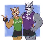 absurd_res anthro biceps bottomwear bulge canid canine canis clothing countershading duo eye_patch eyewear fox fox_mccloud hi_res livingbread_(artist) looking_at_viewer male male/male mammal muscular muscular_anthro muscular_male nintendo nipples pecs shirt shorts smile star_fox tank_top topwear wolf wolf_o&#039;donnell