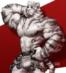  1boy abs animal_ears arknights artist_name bara blue_eyes chain cross_scar dated english_commentary furry furry_male highres male_focus mountain_(arknights) multiple_scars muscular muscular_male pants pectorals scar scar_on_arm scar_on_cheek scar_on_chest scar_on_face scar_on_stomach tail tiger_boy tiger_ears tiger_stripes tiger_tail tim_(shockjaws) topless_male white_pants 