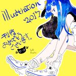  1girl 2017 bandaid bandaid_on_leg bangs blue_eyes blue_hair blush hat illustration.media kawatsu_yuuki long_hair neckerchief original outline profile shirt shoes signature simple_background skirt sleeveless sleeveless_shirt solo white_footwear white_headwear white_outline white_skirt yellow_background yellow_neckwear 