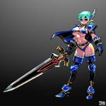  1girl aqua_hair armor bikini blue_bikini blue_eyes breasts cape earrings full_body gloves gradient_background high_heels highres holding holding_sword holding_weapon huge_weapon jewelry large_breasts mabius navel original pauldrons pixel_art pointy_ears shoulder_armor simple_background solo standing swimsuit sword thighhighs weapon 