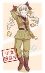  1girl absurdres anchovy_(girls_und_panzer) anzio_military_uniform arm_behind_head arm_up belt boots commentary dress_shirt drill_hair full_body girls_und_panzer grin hair_ribbon half-closed_eyes highres jacket knee_boots long_hair long_sleeves looking_at_viewer military_uniform muted_color necktie pants ribbon sam_browne_belt shirt smile smirk solo standing tama_kitsune translated twin_drills twintails uniform wing_collar 