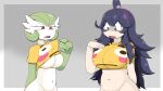 annoyed_expression big_breasts bottomless breasts bulging_smiley_shirt_meme cleavage clothed clothing duo female gardevoir generation_3_pokemon grey_background hex_maniac huge_breasts human humanoid mammal nintendo nipple_outline not_furry open_mouth pokemon pokemon_(species) putryfarm simple_background under_boob