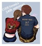 1boy 1girl anniversary back bare_shoulders blue_pants blue_shirt blush brown_hair camouflage camouflage_pants character_name claire_redfield denim head_on_another&#039;s_shoulder high_ponytail jeans looking_at_another mar0maru midriff pants prison_clothes red_shirt resident_evil resident_evil_-_code:_veronica shirt signature simple_background sitting steve_burnside uniform 