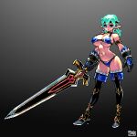  1girl aqua_hair bikini blue_bikini blue_eyes breasts earrings full_body gloves gradient_background high_heels highres holding holding_sword holding_weapon huge_weapon jewelry large_breasts mabius navel original pixel_art pointy_ears simple_background solo swimsuit sword thighhighs weapon 