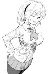  1girl breasts commentary_request eyebrows_visible_through_hair greyscale henyaan_(oreizm) highres higurashi_no_naku_koro_ni houjou_satoko large_breasts long_sleeves looking_at_viewer monochrome open_mouth school_uniform short_hair skirt smile smug wrinkles 